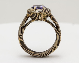 Custom design unique mokume gane ring 14 w palladium gold 14k rose gold and sterling silver  with 6.5 mm  Tanzanite stone