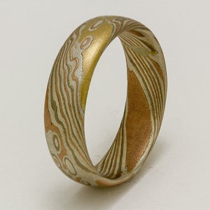 Mokume Gane Ring 14k rose gold, 18k yellow gold, 14 k white pall  and sterling  silver ring - woodgrain pattern