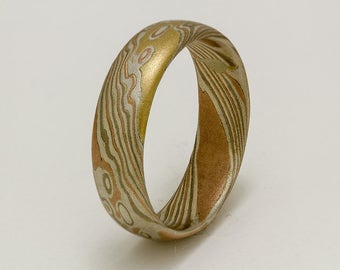 Mokume Gane Ring 14k rose gold, 18k yellow gold, 14 k white pall  and sterling  silver ring - woodgrain pattern