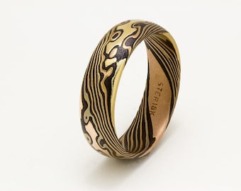 Mokume Gane ring 18k yellow gold,14k rose gold ,14w palladium gold sterling silver