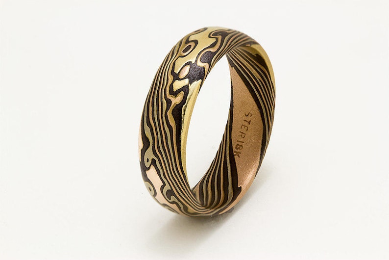 Mokume Gane ring 18k yellow gold,14k rose gold ,14w palladium gold sterling silver image 1