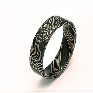 Custom Mokume Gane  14k rose gold, 14 k w palladium  gold and silver ring - woodgrain pattern