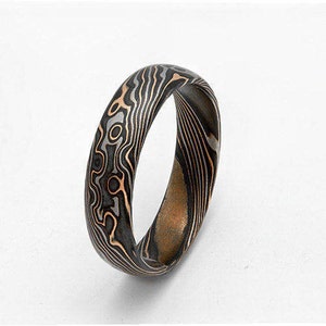 Custom Mokume Gane Ring 14k rose gold, 14w Palladium gold  and sterling  silver - woodgrain pattern