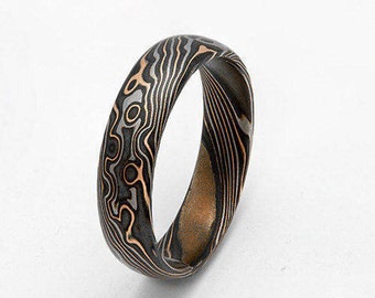 Custom Mokume Gane Ring 14k rose gold, 14w Palladium gold  and sterling  silver - woodgrain pattern