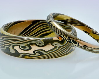 Mokume Gane Wedding Set 14 K Rose Gold, 18 K Yellow Gold, 14 K White Palladium Gold, und Sterling Silver.