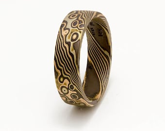 Custom Mokume Gane  14k rose gold, 14 k white  palladium  gold and silver ring - woodgrain pattern