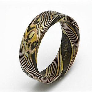 Custom Mokume Gane  14k rose gold, 14 k w palladium  gold and silver ring - woodgrain pattern