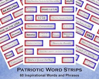 Patriotic Words and Phrases, 4th of July Word Strip Collage Sheets, Digital Journal Words, Scrapbooking, Junk Journals, Patriotic Word Bits