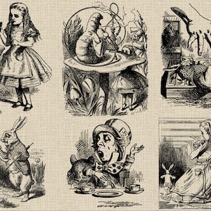 Alice no país das maravilhas PNG pacote de clipart digital, conjunto de 30 imagens em preto e branco, ilustrações de livros infantis, transparente, uso comercial OK