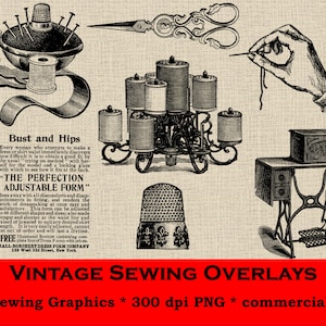 Sobreposições de costura vintage, pacote de clipart digital PNG, conjunto de 41 imagens PNG em preto e branco, noções de costura, transferências, uso comercial OK, costura