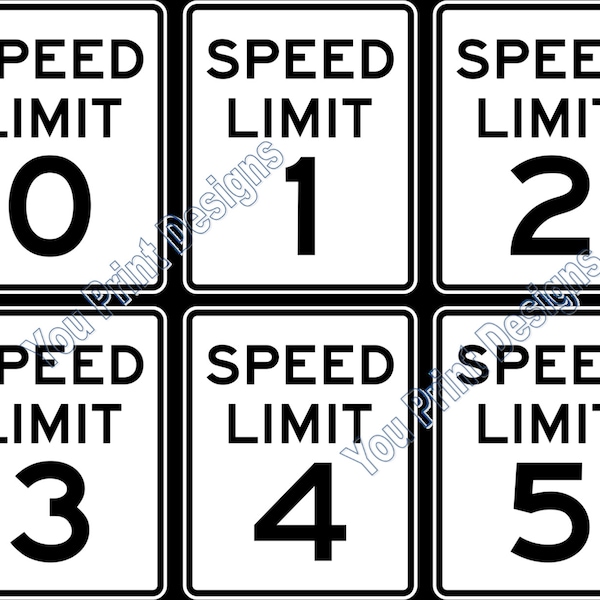 Printable Speed Limit Signs, Party Decorations, Scrapbooking, Paper Crafts, Altered Art, Set of 22, Digital Speed Limit Signs, Road Signs