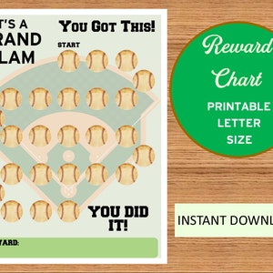 May include: A printable baseball-themed reward chart with the text "It's a Grand Slam" and "You Got This!"  The chart features a baseball field with 25 baseballs to mark progress. The text "You Did It!" is at the bottom of the chart. The text "Reward Chart" is in a green circle with the text "Printable Letter Size" and "Instant Download" below it.