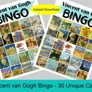 Printable Vincent van Gogh Bingo Cards, 30 Unique Printable Cards, 1 Card Per Page, Instant Download Printable Party Game, Van Gogh, Artist