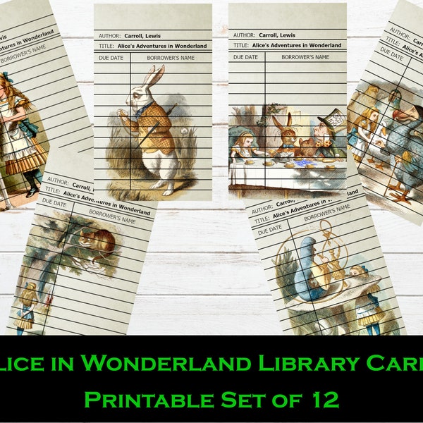 Alice in Wonderland Library Cards, Printable Set of 12, Junk Journal 3x5 Embellishments, Bookmarks, Collaged Sheets, Vintage Illustrations