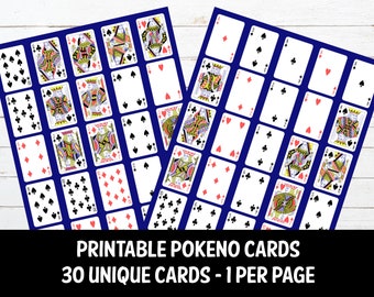 Carte Pokeno stampabili, 30 carte stampabili uniche, 1 carta per pagina, gioco di società stampabile con download immediato, Po-Ke-No, carte da gioco