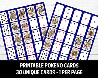 Carte Pokeno stampabili, 30 carte stampabili uniche, 1 carta per pagina, Gioco di società stampabile con download istantaneo, Po-Ke-No, Carte da gioco