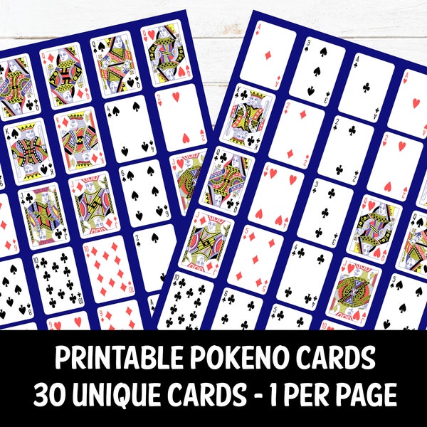 Cartes Pokeno imprimables, 30 cartes imprimables uniques, 1 carte par page, jeu de fête imprimable à téléchargement instantané, Po-Ke-No, cartes à jouer