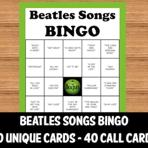 Beatles Lieder Bingo, 30 einzigartige druckbare Karten, 1 Karte pro Seite und 2 Karten pro Seite, sofortiger Download druckbare Bingo-Partyspiel, die Beatles