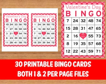 Tarjetas de bingo del Día de San Valentín, 30 tarjetas imprimibles únicas, 1 tarjeta por página y 2 tarjetas por página, juego de fiesta de bingo imprimible de descarga instantánea
