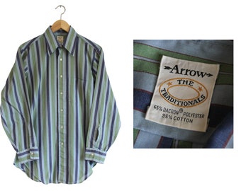 Vintage Button Up - Arrow Dress Shirt (70s - 80s / Medium / M / Button Down / Casual Shirt / Striped Shirt / Vertical Stripes / Blue)