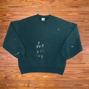 Vintage Distressed Sweatshirt (90’s, Large, Paint Splatter, Dark Green, Bike Brand, Crewneck, Pullover, Long Sleeve, Soft, Comfy, Worn)