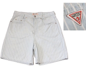 Vintage Shorts - Guess Shorts (90s / Size 3 / 30 x 19 / Women's Shorts / Guess Jeans / Striped Shorts / Jean Shorts / Button Fly / Blue)