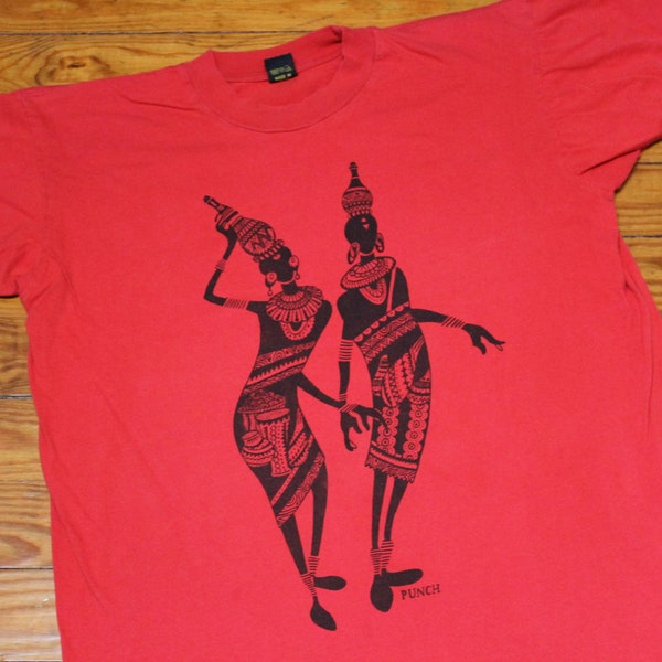 Vintage T Shirt - Punch Design Shirt (90s - 00s / Extra Large / XL / Kenya / Artsy / Boho / Bohemian / Unique / Ethnic / Red Tee / Baggy)