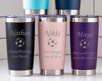 Personalised Football Travel Cup Mug Hot Cold Gifts Ideas Birthdays Christmas Father's Day Best Coach Manager End Of Season Footy