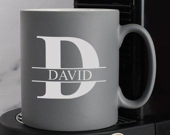 Personalised Initial & Name Grey Satin Mug Laser Engraved Gifts Ideas Presents For Mum Dad Birthday Christmas Mothers Fathers Day