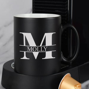 Personalised Black Initial & Name Satin Mug Laser Engraved Gifts Ideas Presents For Mum Dad Birthday Christmas Mothers Fathers Day