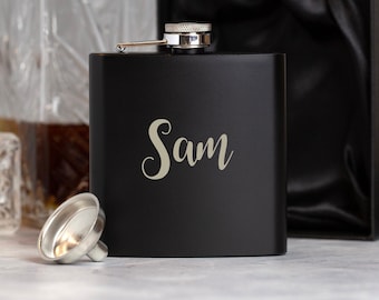 Personalised Black Hip Flask 6oz Engraved Any Name Gift For Him Men Stainless Steel Birthday Christmas Wedding Favour Groomsman Bridesmaid