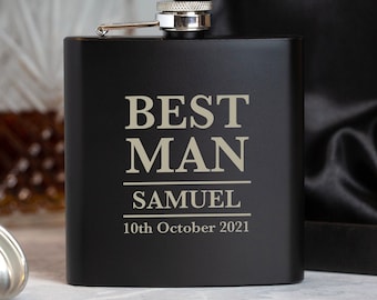 Personalised 6oz Black Hip Flasks Ideal For Wedding Favours Thank You Gifts Presents Tokens Best Man Father Of The Bride Groom Stag Ushers