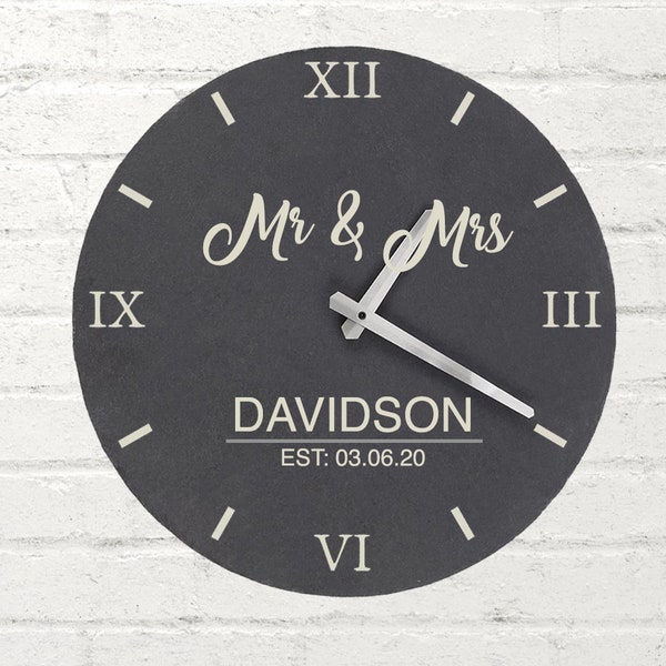 Personalised Mr & Mrs Slate Clock Round Wall Presents Gifts Ideas For Newly Weds Engagement Wedding Anniversary