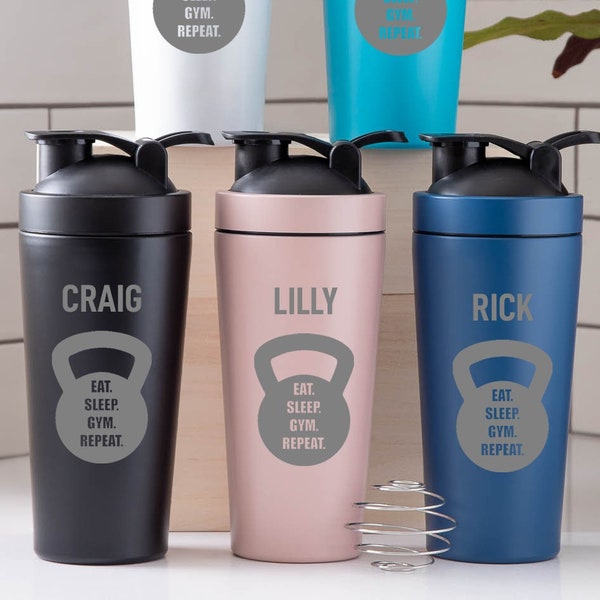 Personalised Kettlebell Protein Shaker Bottle Engraved Name 740ml Stainless Steel 5 Colours Gym Lover Workout Birthday Christmas Present