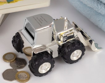 Personalised Silver Digger Truck Tractor Money Box For Boys Christening New Baby Gifts Ideas Boxes Girls Presents Born Babies Keepsakes