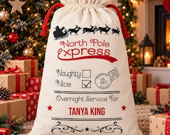 Personalised North Pole Express Santa Sack, Candy Cane Border, 75x45cm