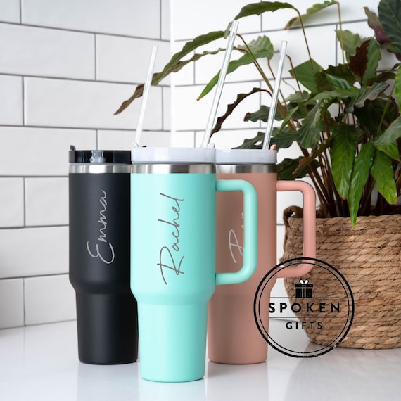 Personalised Large Name Engraved 40oz Double Wall Insulated Cup Travel  Bottle Rubber Handles Hot Cold Mug With Straw stanley Style 