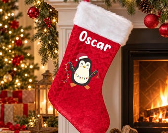 Personalised Penguin Christmas Stocking, Red Velvet, Printed Name