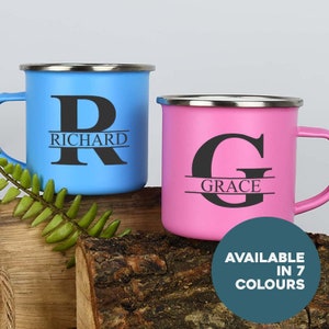 Personalised Initial & Name Enamel Camping Mug Set Gifts Ideas For Camper van Insulating Hot Cold Outside Outdoors