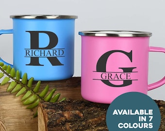 Personalised Initial & Name Enamel Camping Mug Set Gifts Ideas For Camper van Insulating Hot Cold Outside Outdoors