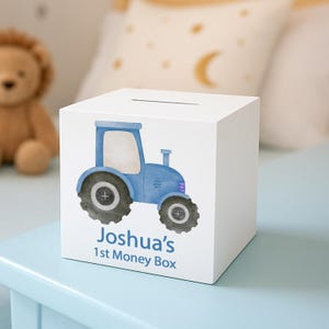 Personalised Blue Tractor Digger Wooden Money Box Gifts Ideas For New Born Baby Boys Girls Christening Baptism Presents Keepsake