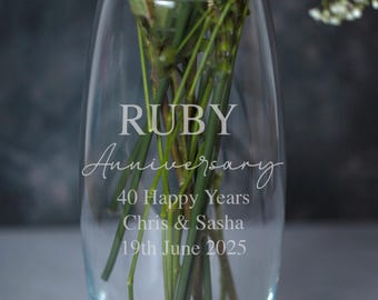 Personalised Ruby Wedding Anniversary Glass Vase Laser Engraved 40th Gift For Couple Mum Dad | Custom Names Date Message