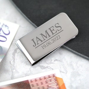 Nom et date personnalisés pour homme, père lui, pince à billets en métal argenté, idée cadeau pour les billets Chèques en dollars Euros livres sterling billets