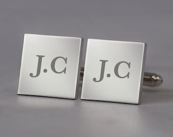 Personalised Silver Square Engraved Initials Cufflinks Men's For Wedding Birthday Christmas Fathers Day Dad Best Man Groomsmen Ushers