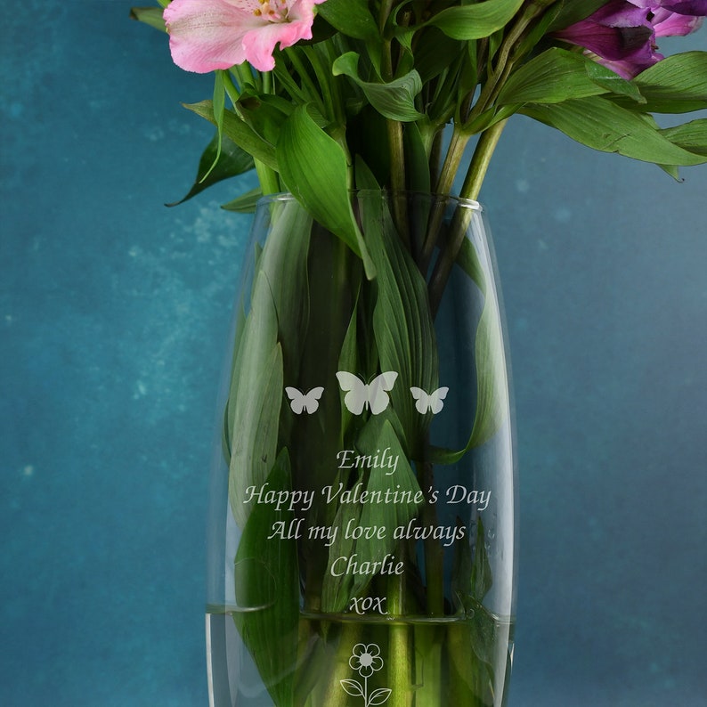 Personalised Butterflies and Flower Glass Bullet Vase Vases 26cm Gifts Ideas For Her Womens Flowers Mum Mothers Day Birthday Christmas image 3