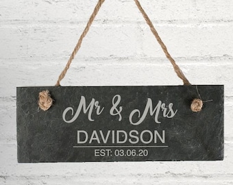 Personalised Wedding Hanging Slate Sign Engraved Mr Mrs Surname Date Gift For Couple New Home Keepsake Wedding Favour Plaque