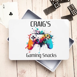 Personalised Gaming Snacks White Metal Storage Tin Snacks Gifts Ideas Playstation Nintendo Xbox Board Games Birthday Christmas New Home