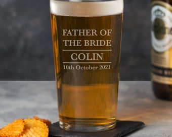 Personalised Father Of The Bride Pint Glass Wedding Favour Thank You Gift Ideas For Him Any Role Name Date Engraved Groomsmen