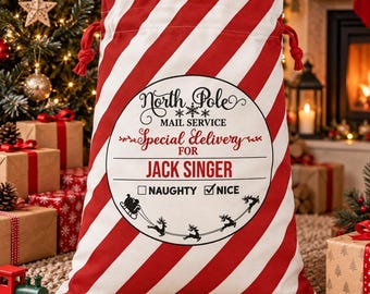 Personalised Santa Sack, Red Candy Stripe, Any Name, Large 75x45cm