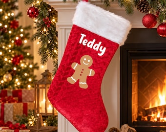 Personalised Gingerbread Man Christmas Stocking, Red Velvet, Name